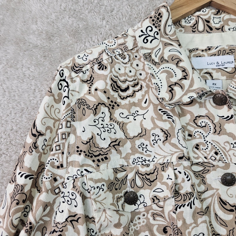Anthropologie Lucy & Laurel Linen Jacket Womens 2X Paisley Boho Trucker Style - Picture 4 of 14